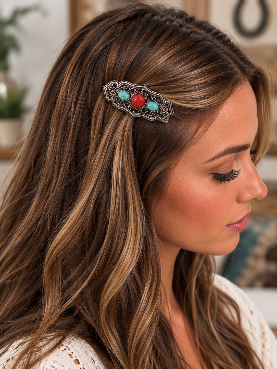 Red and Blue Fashion Turquoise Filigree Hair Clip