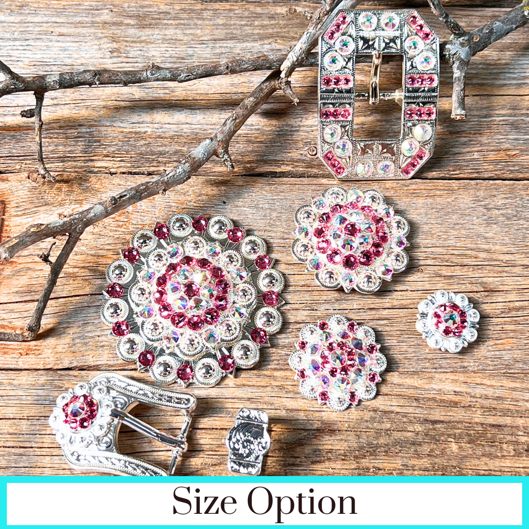 Bright Silver Pink & AB Crystal Conchos - Sizes from 1"- 3" and Buckles