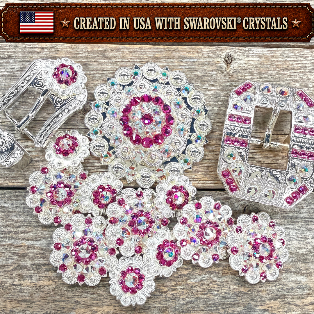 Bright Silver Fuchsia - AB Crystal Conchos | Sizes 1"- 3" | Buckles | Saddle Set | Leather Rosettes | Slide