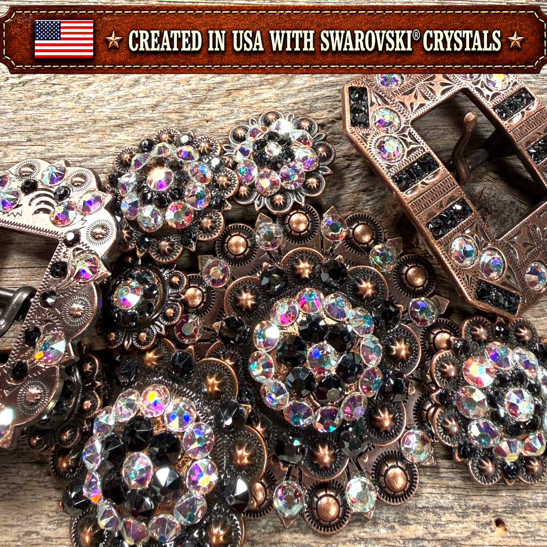Copper Jet - AB Crystal Conchos | Sizes 1"- 3" | Buckles | Saddle Set | Leather Rosettes | Slide