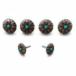 a collection of six ornate metal flower-shaped knobs or handles, each adorned with a turquoise gemstone. The knobs are arranged in two rows of three, showcasing their intricate designs and the vibrant turquoise stones.
