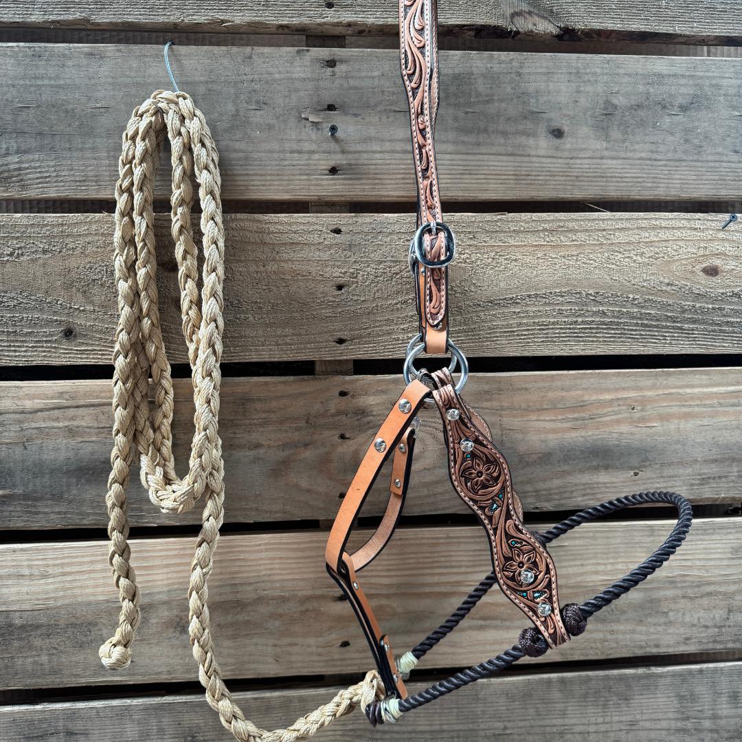 Brown Floral Tooled Lariat & Leather Combo Halter