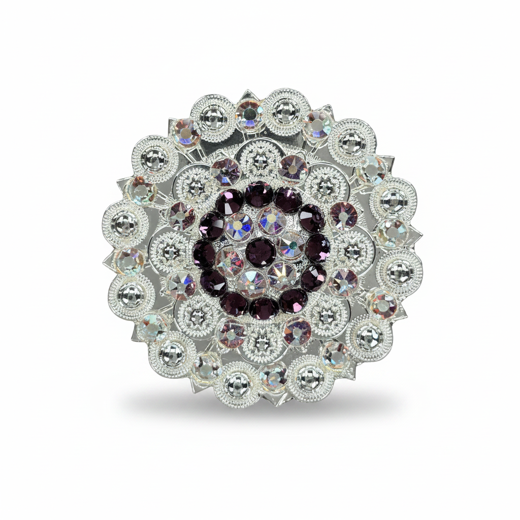 Bright Silver Amethyst - AB Crystal Conchos | Sizes 1"- 3" | Buckles | Saddle Set | Leather Rosettes | Slide