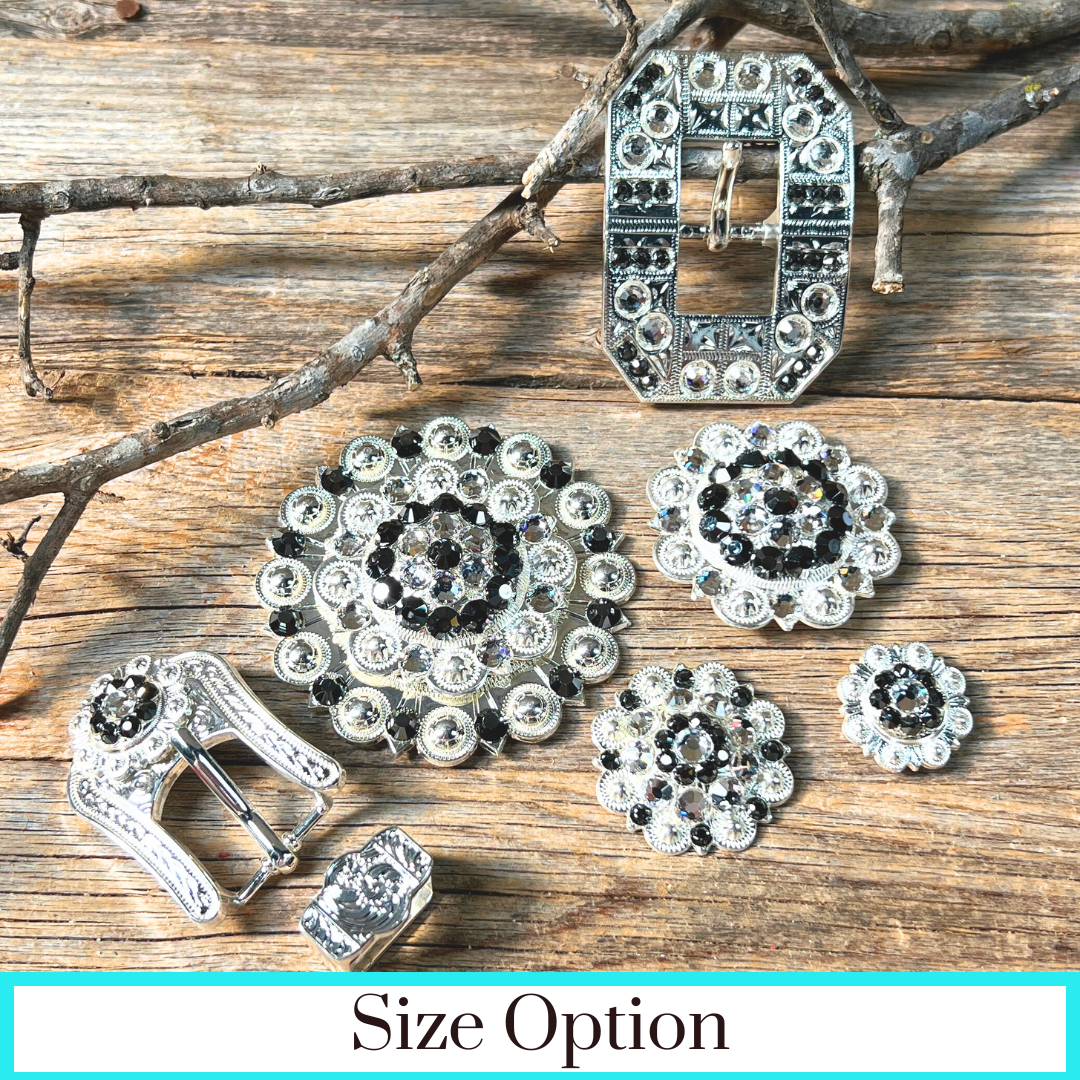 Bright Silver Jet & Clear Crystal Conchos - Sizes from 1"- 3" and Buckles
