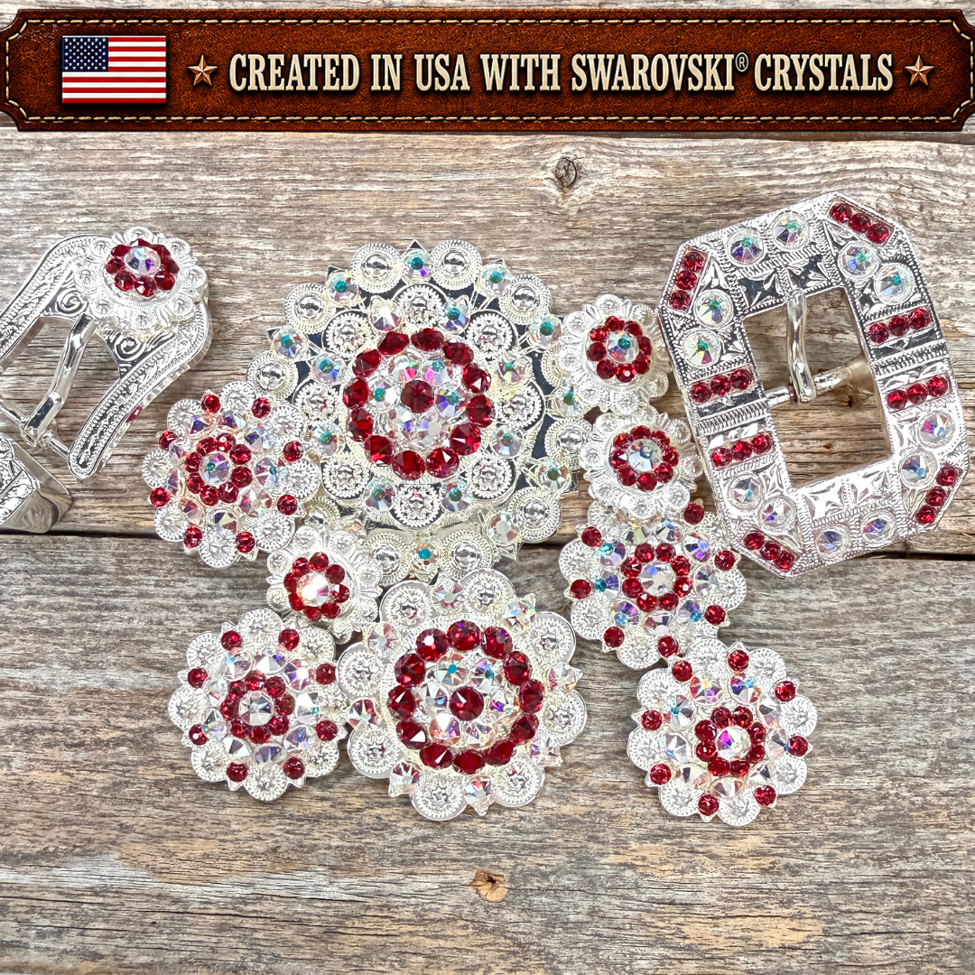 Bright Silver Ruby - AB Crystal Conchos | Sizes 1"- 3" | Buckles | Saddle Set | Leather Rosettes | Slide