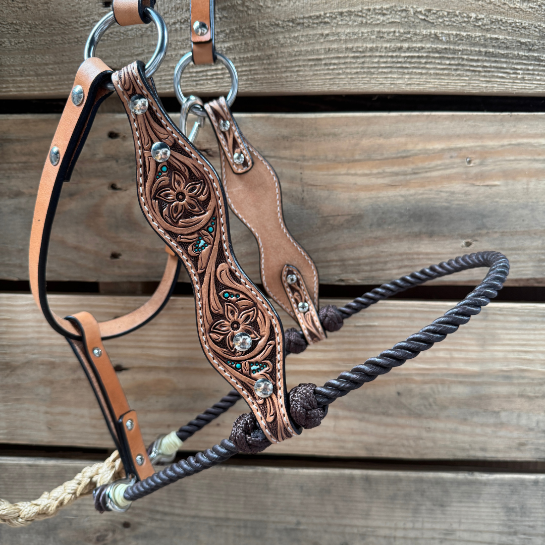 Brown Floral Tooled Lariat & Leather Combo Halter