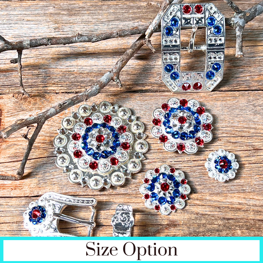 Bright Silver Red - White - Blue Crystal Conchos - Sizes from 1"- 3" and Buckles