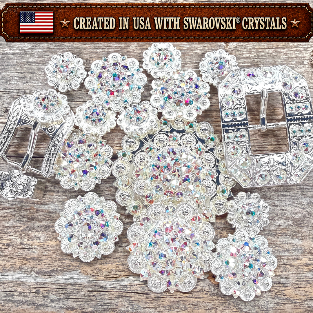 Bright Silver AB Crystal Conchos | Sizes 1"- 3" | Buckles | Saddle Set | Leather Rosettes | Slide