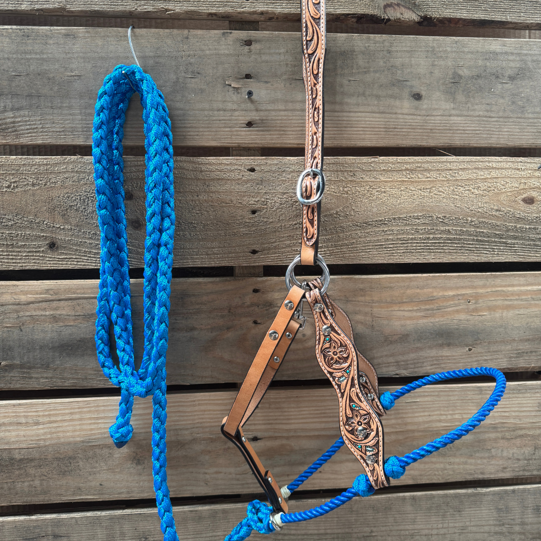 Blue Floral Tooled Lariat & Leather Combo Halter