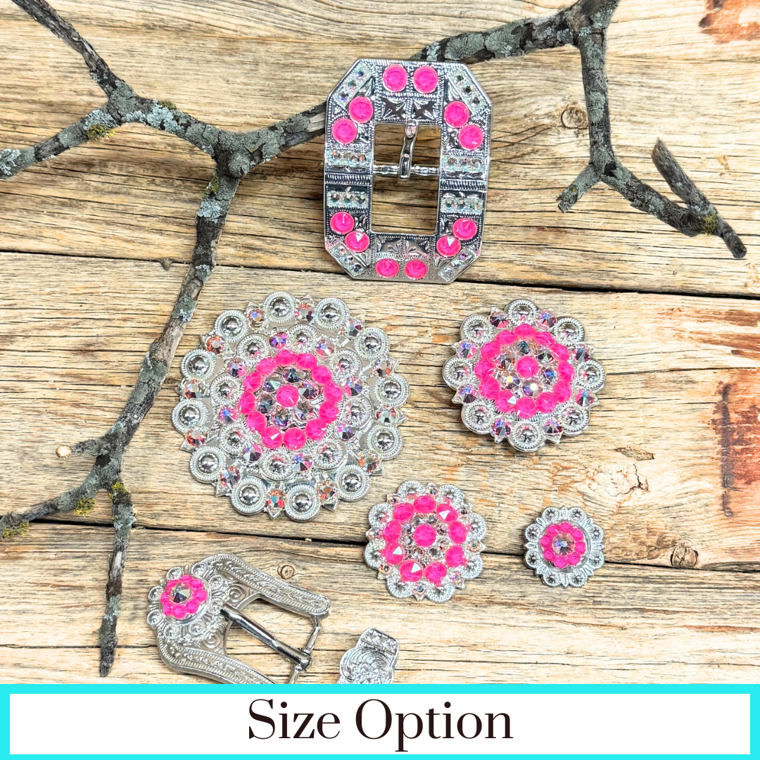Bright Silver Neon Pink - AB Crystal Conchos | Sizes 1"- 3" | Buckles | Saddle Set