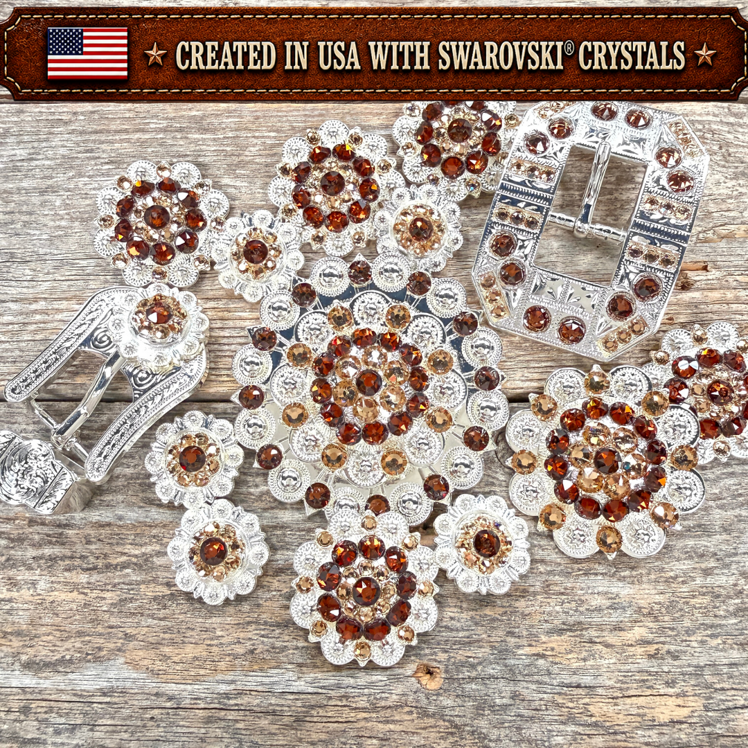 Bright Silver Topaz - Champagne Crystal Conchos | Sizes 1"- 3" | Buckles | Saddle Set | Leather Rosettes | Slide