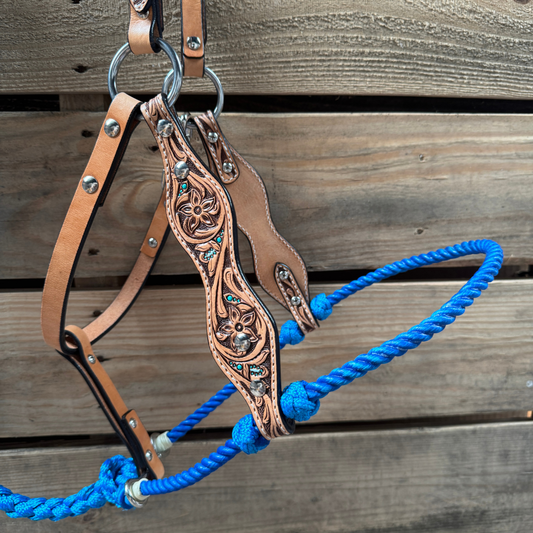 Blue Floral Tooled Lariat & Leather Combo Halter
