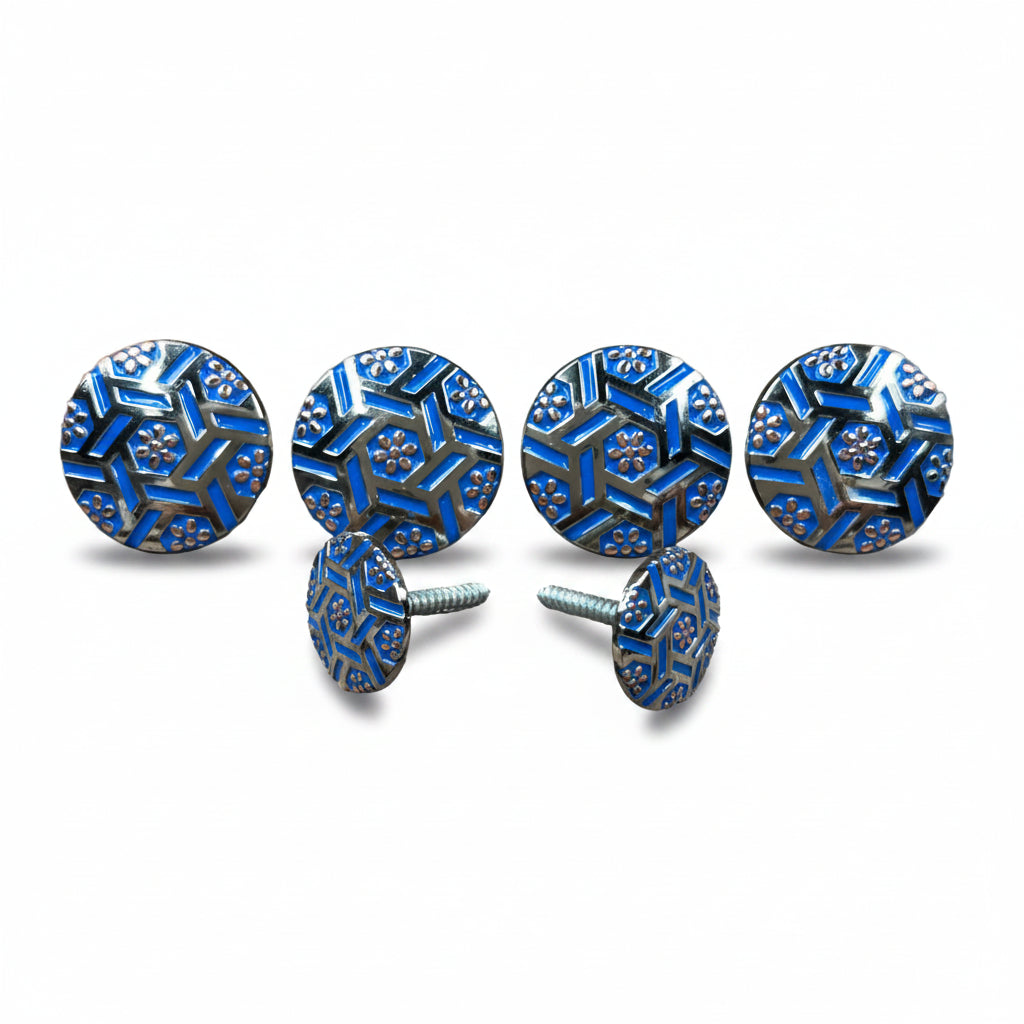 a collection of six blue and silver buttons with intricate geometric patterns, arranged in two rows of three.