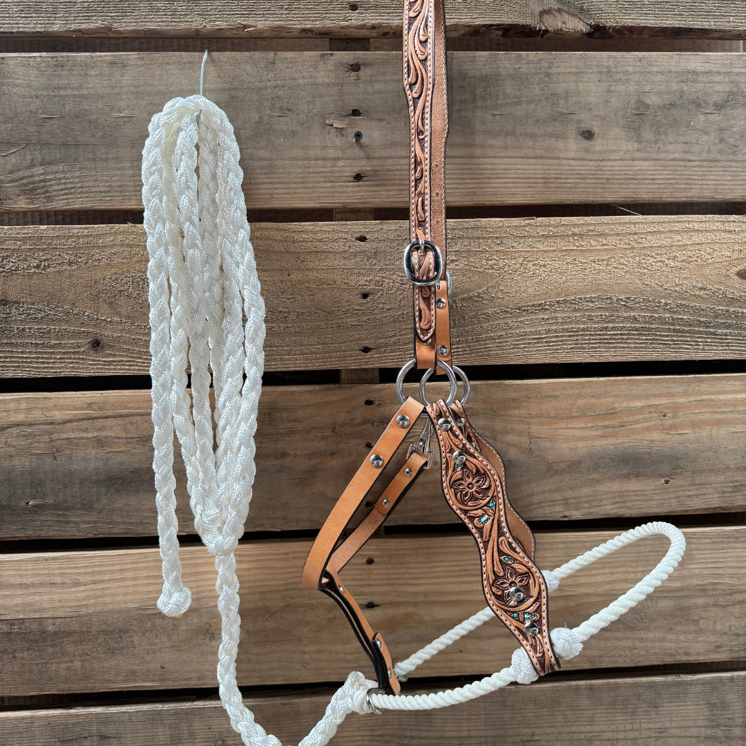 White Floral Tooled Lariat & Leather Combo Halter