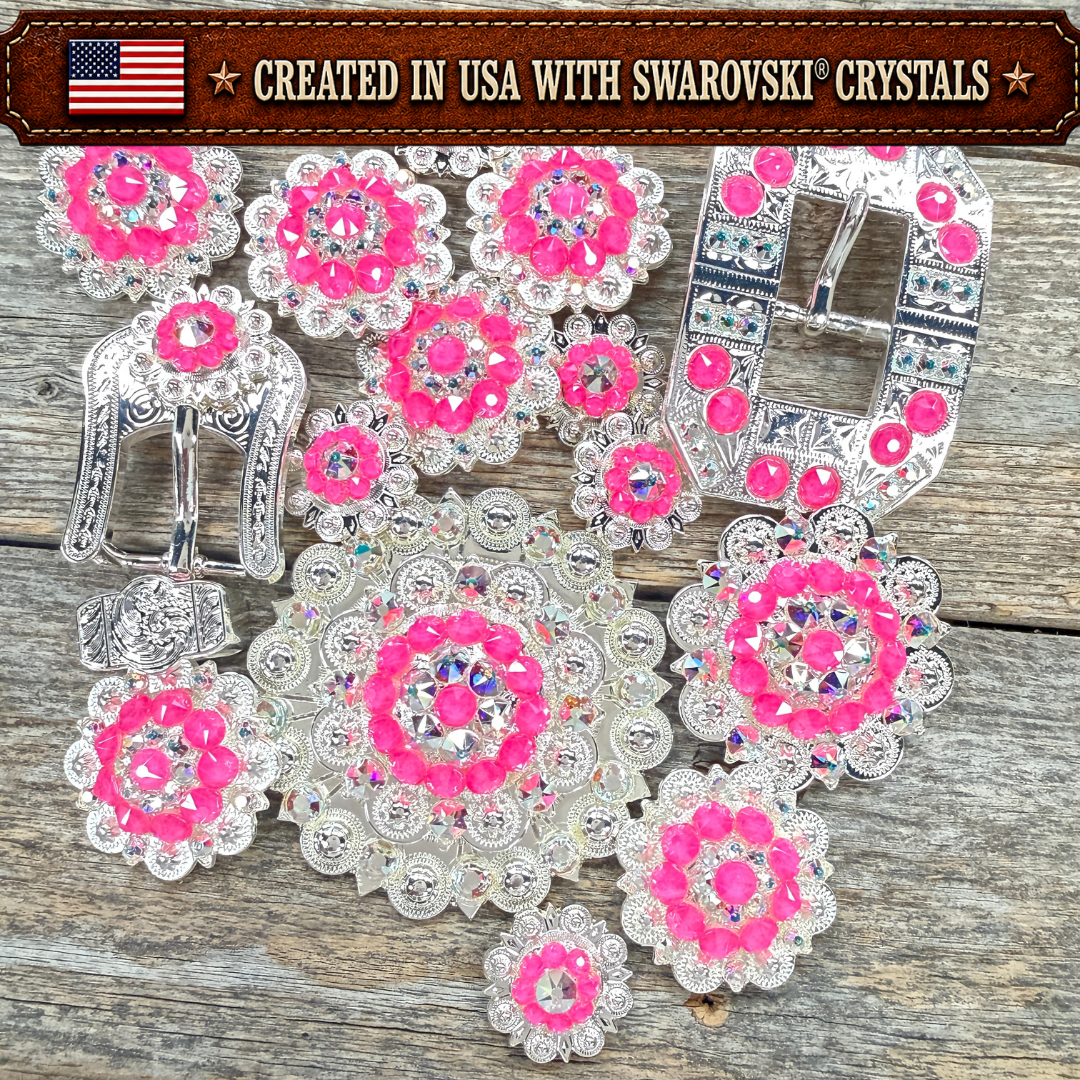 Bright Silver Neon Pink - AB Crystal Conchos | Sizes 1"- 3" | Buckles | Saddle Set | Leather Rosettes | Slide