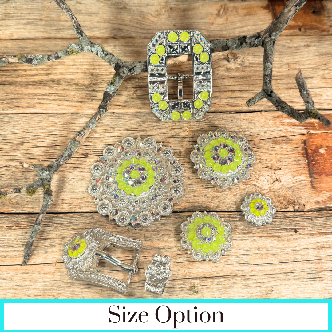 Bright Silver Neon Yellow - AB Crystal Conchos | Sizes 1"- 3" | Buckles | Saddle Set