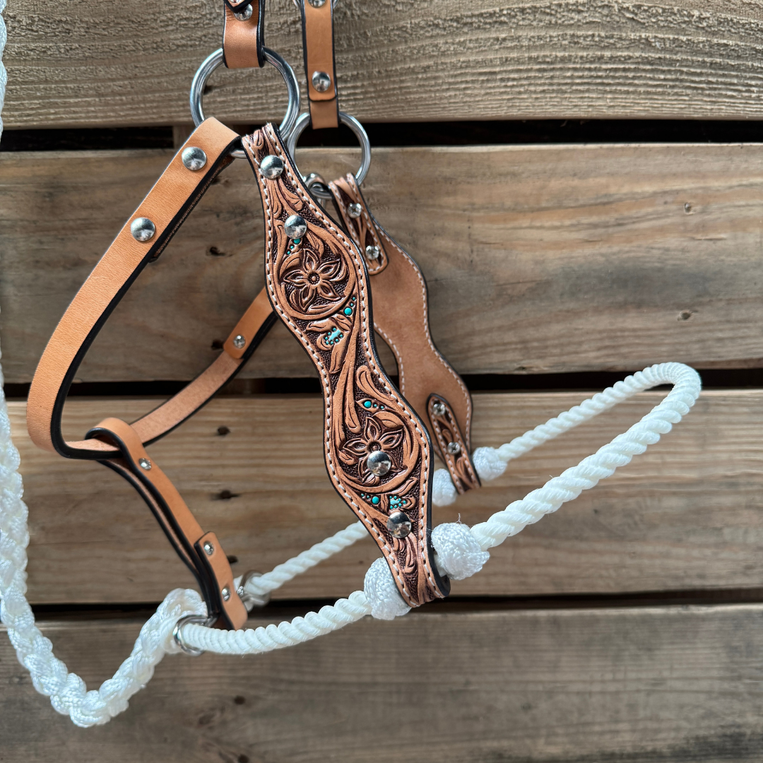 White Floral Tooled Lariat & Leather Combo Halter