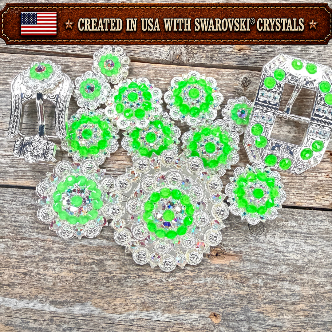 Bright Silver Neon Green - AB Crystal Conchos | Sizes 1"- 3" | Buckles | Saddle Set | Leather Rosettes | Slide