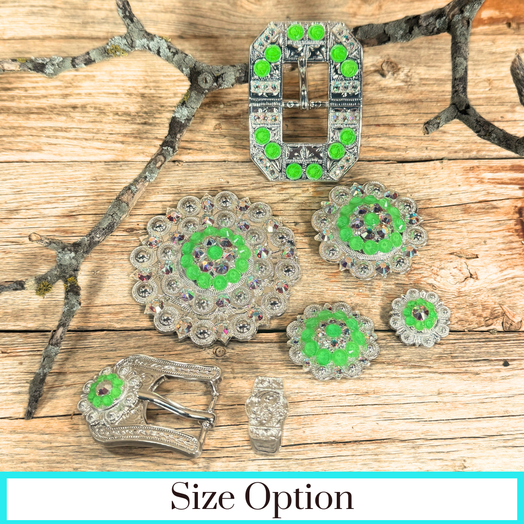 Bright Silver Neon Green - AB Crystal Conchos | Sizes 1"- 3" | Buckles | Saddle Set