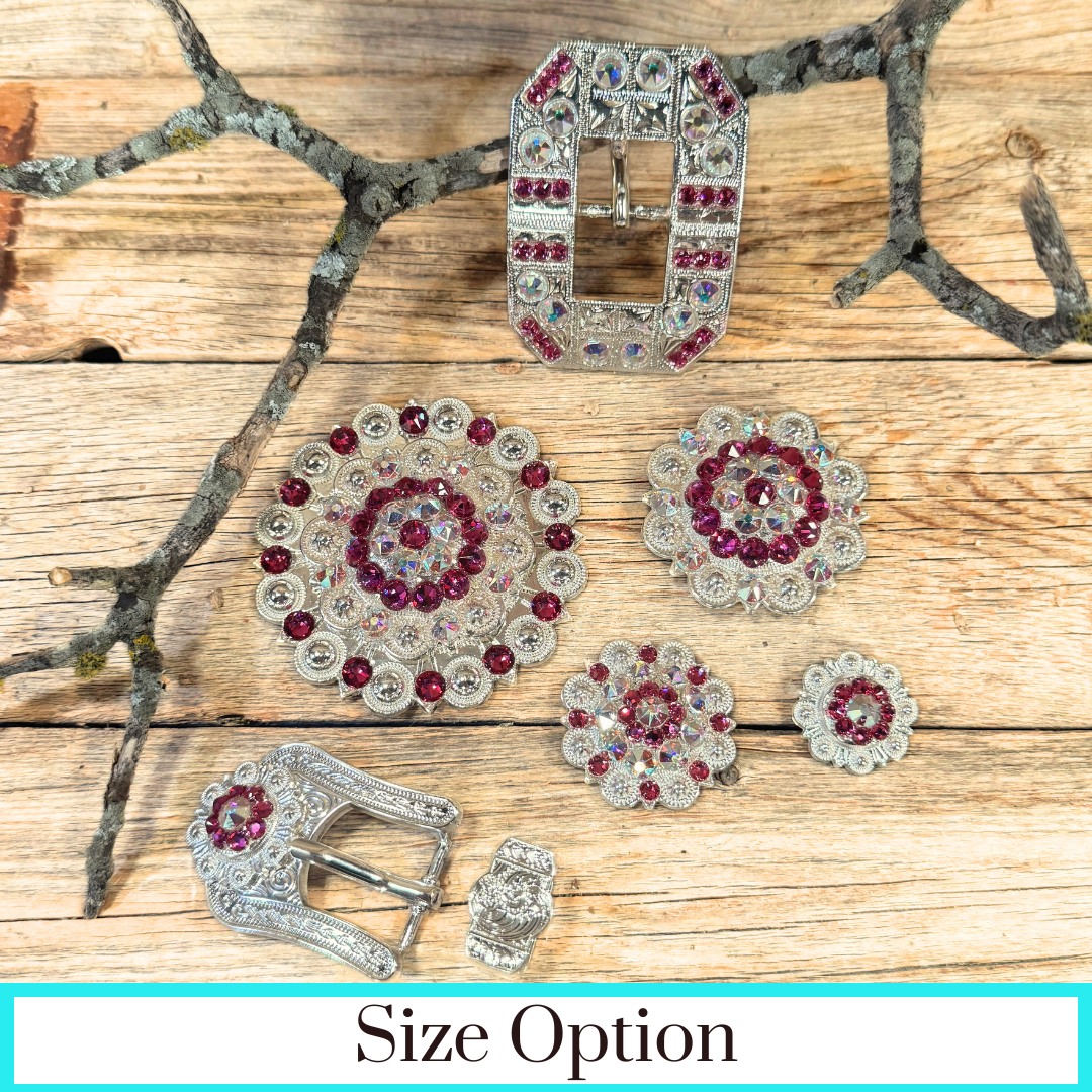 Bright Silver Fuchsia - AB Crystal Conchos | Sizes 1"- 3" | Buckles | Saddle Set