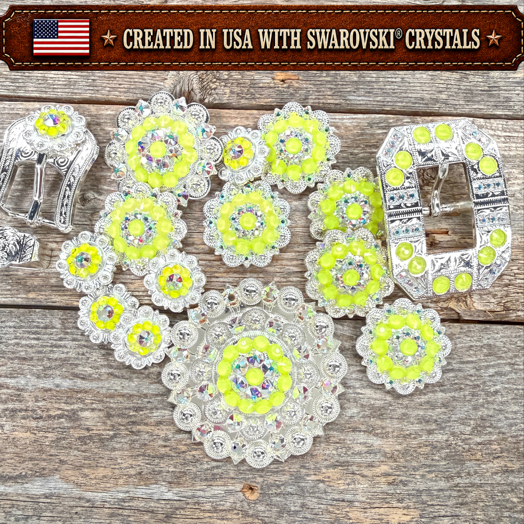 Bright Silver Neon Yellow - AB Crystal Conchos| Sizes 1"- 3" | Buckles | Saddle Set | Leather Rosettes | Slide