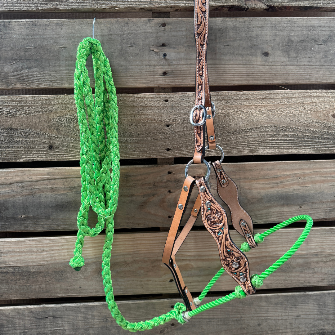 Lime Floral Tooled Lariat & Leather Combo Halter
