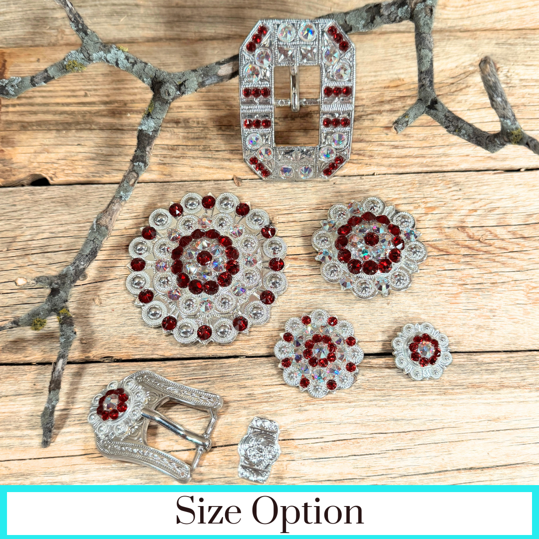 Bright Silver Ruby - AB Crystal Conchos | Sizes 1"- 3" | Buckles | Saddle Set