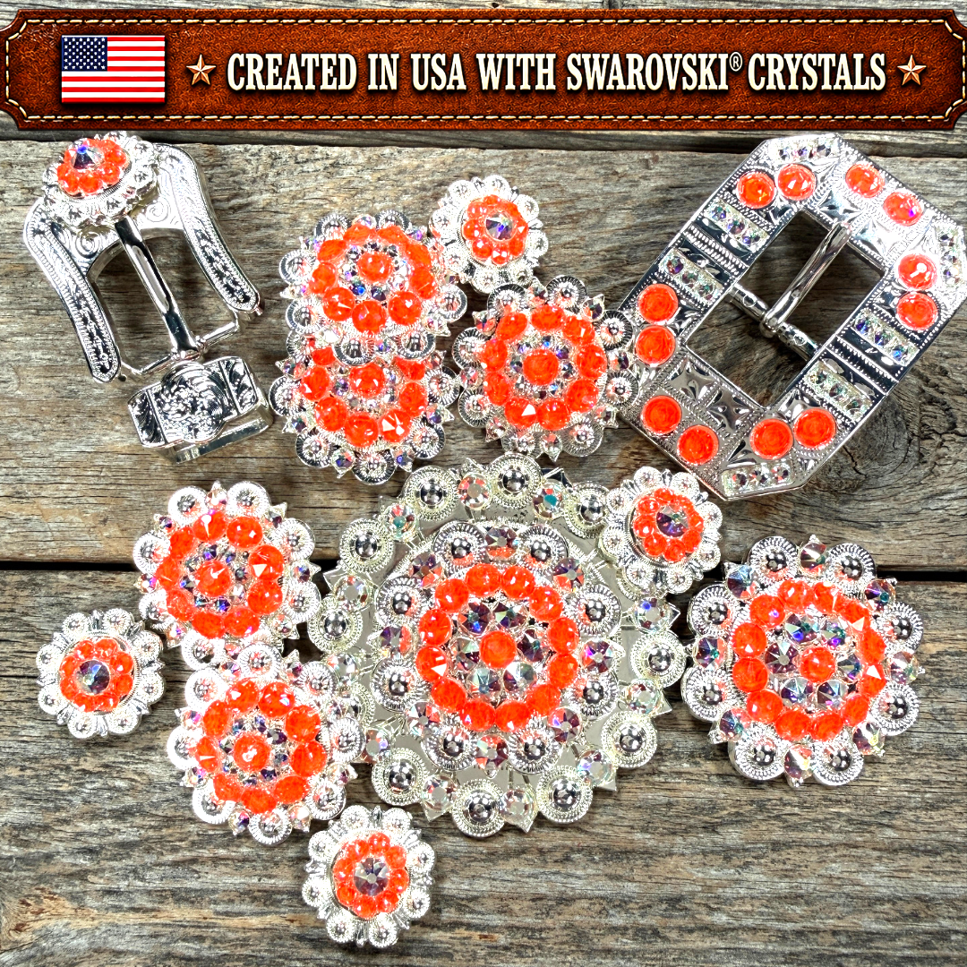 Bright Silver Neon Orange - AB Crystal Conchos | Sizes 1"- 3" | Buckles | Saddle Set | Leather Rosettes | Slide