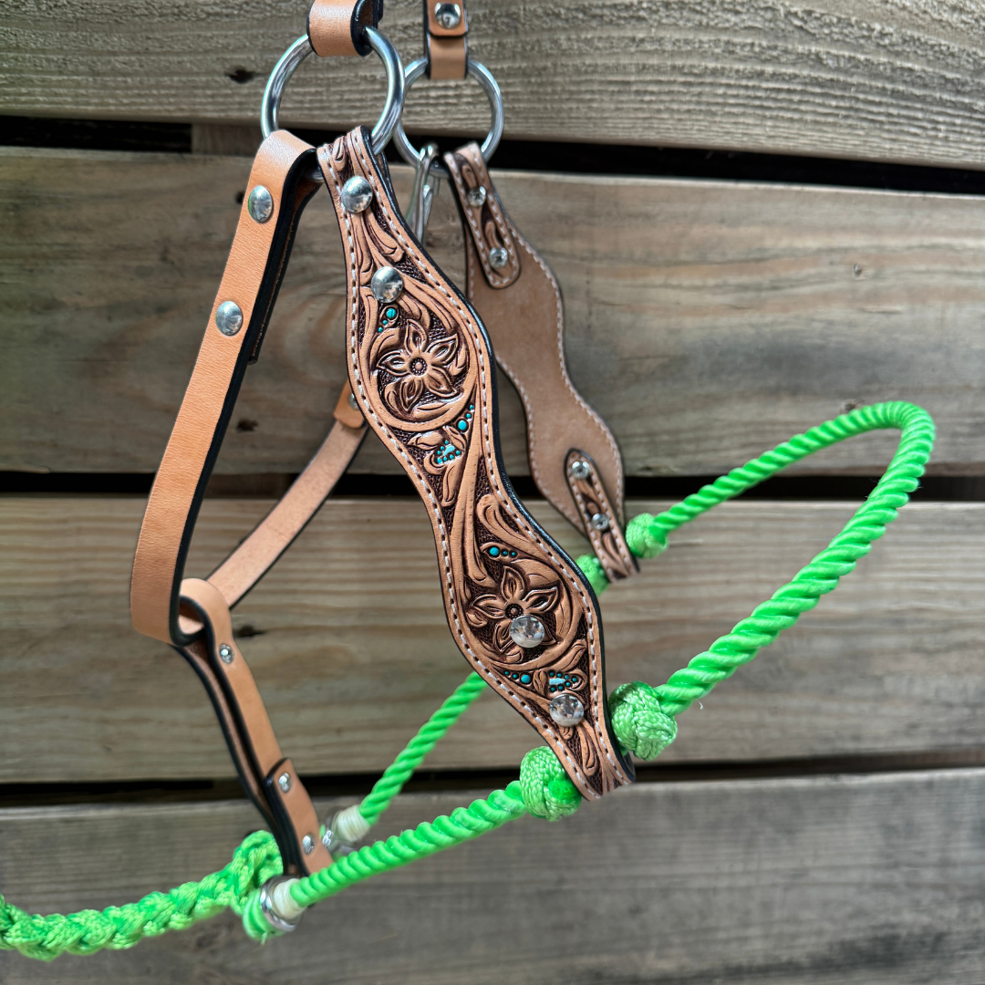 Lime Floral Tooled Lariat & Leather Combo Halter
