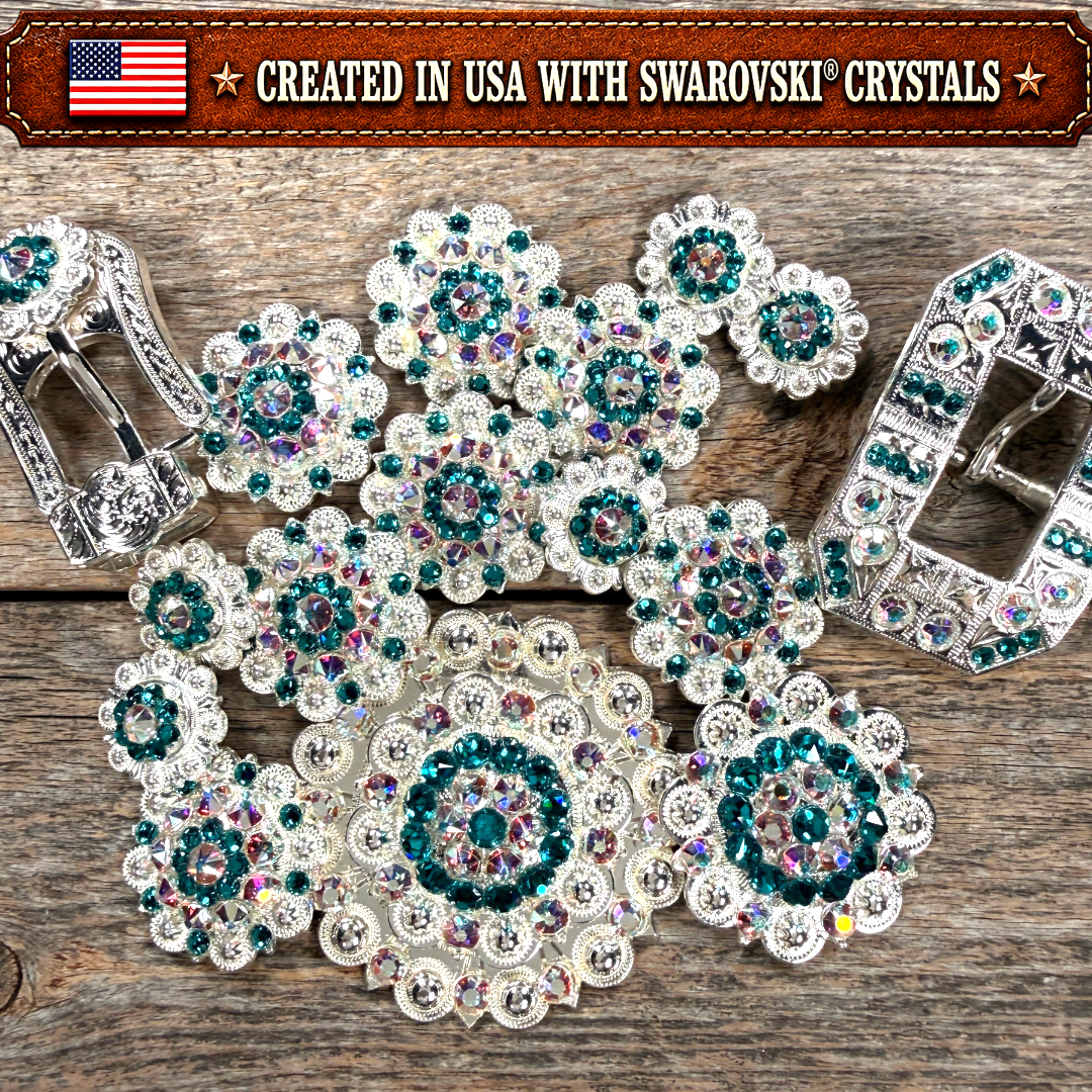 Bright Silver Teal - AB Crystal Conchos | Sizes 1"- 3" | Buckles | Saddle Set | Leather Rosettes | Slide