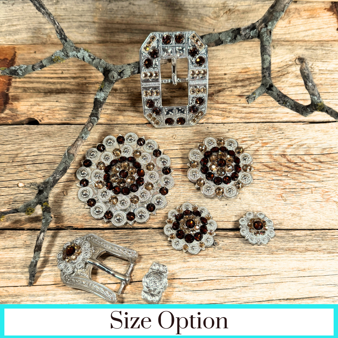 Bright Silver Topaz - Champagne Crystal Conchos | Sizes 1"- 3" | Buckles | Saddle Set