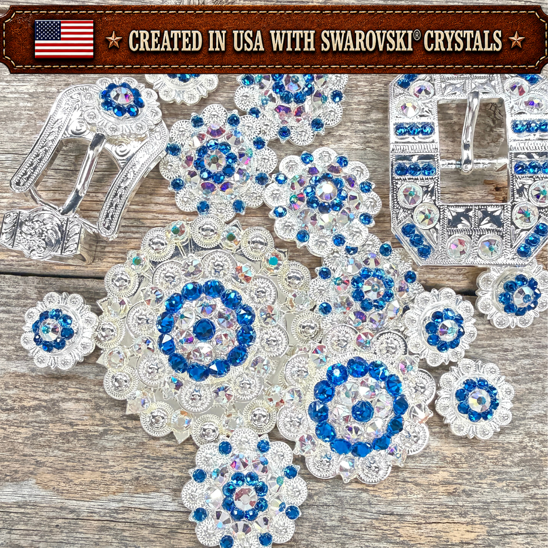 Bright Silver Capri - AB Crystal Conchos | Sizes 1"- 3" | Buckles | Saddle Set | Leather Rosettes | Slide