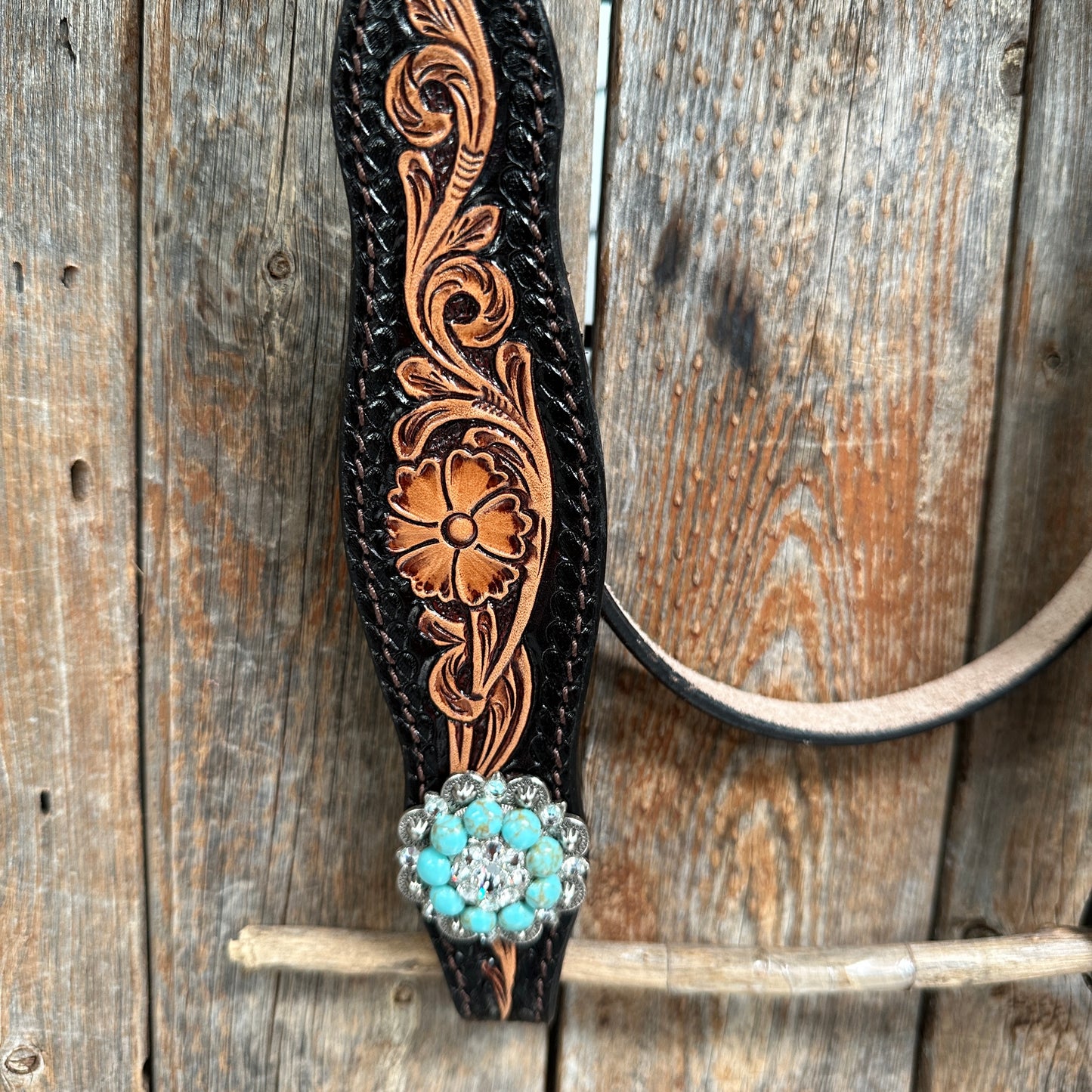 Two Tone Floral Tripping Turquoise & Clear One Ear / Browband Breastcollar Tack Set #OEBC580