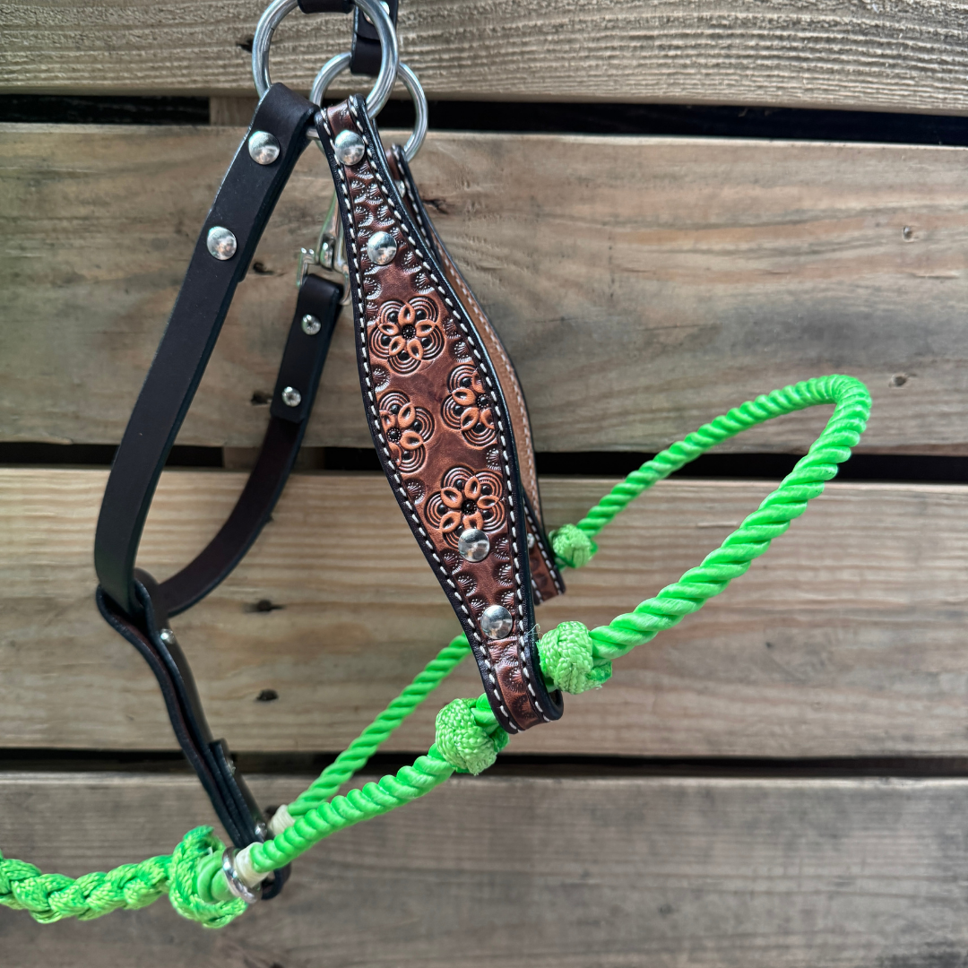 Lime Flower Power Tooled Lariat & Leather Combo Halter