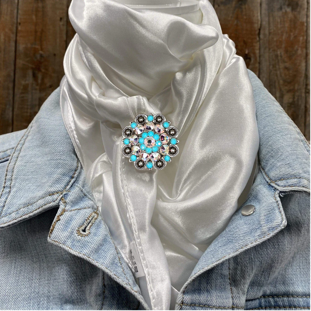 35X35" Solid White Wild Rag / Scarf WRS3 - Crystal Concho Wild Rag Slides - Assorted