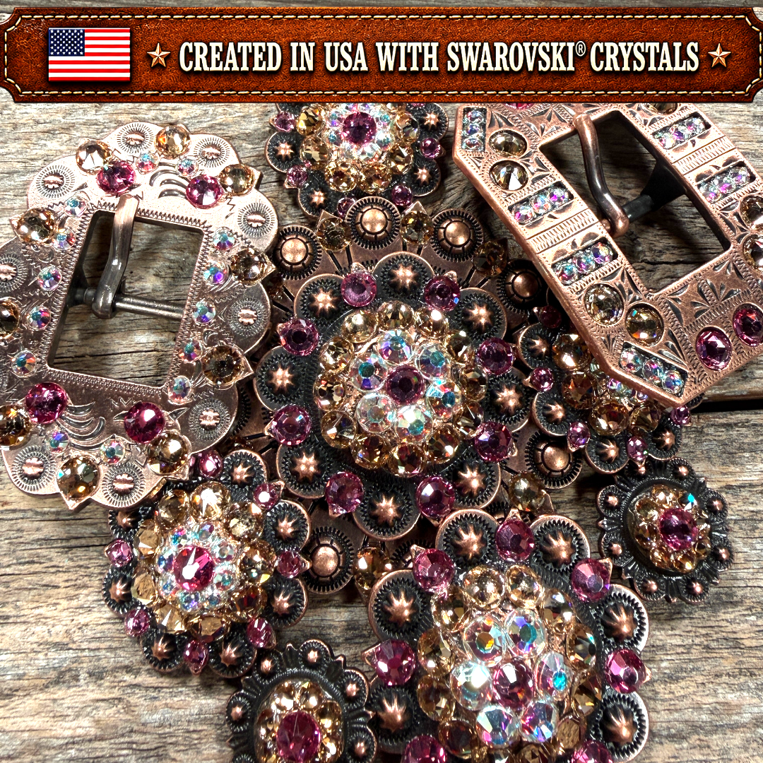 Copper Pink - AB - Champagne Crystal Conchos | Sizes 1"- 3" | Buckles | Saddle Set | Leather Rosettes | Slide