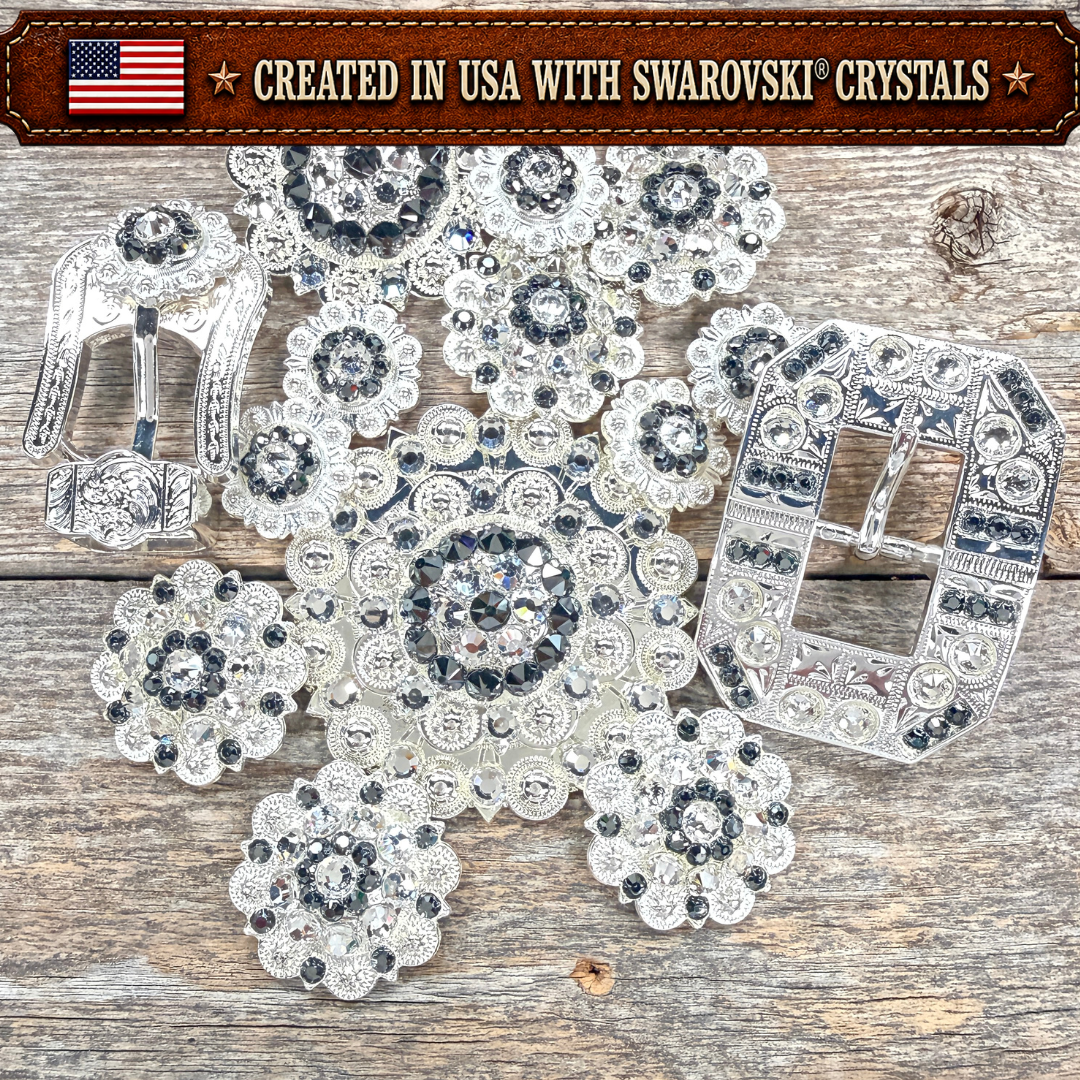Bright Silver Jet - Clear Crystal Conchos | Sizes 1"- 3" | Buckles | Saddle Set | Leather Rosettes | Slide