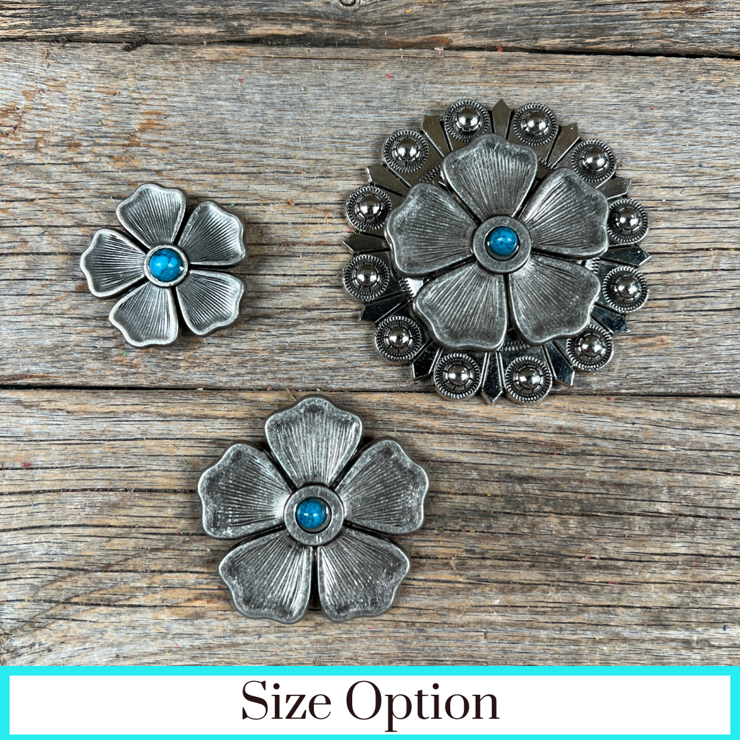 Antique Silver Flower Turquoise Western Concho W110