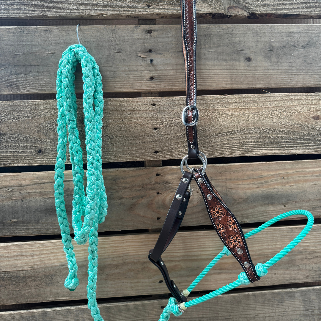 Seafoam Flower Power Tooled Lariat & Leather Combo Halter