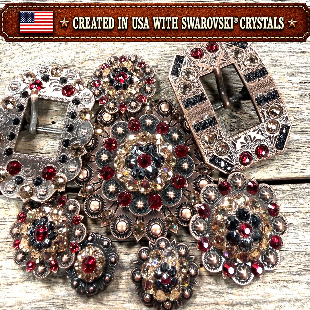 Copper Ruby - Jet - Champagne Crystal Conchos | Sizes 1"- 3" | Buckles | Saddle Set | Leather Rosettes | Slide