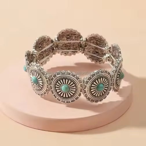 Rustic Silver Concho Style Fashion Bracelets  -  Turquoise