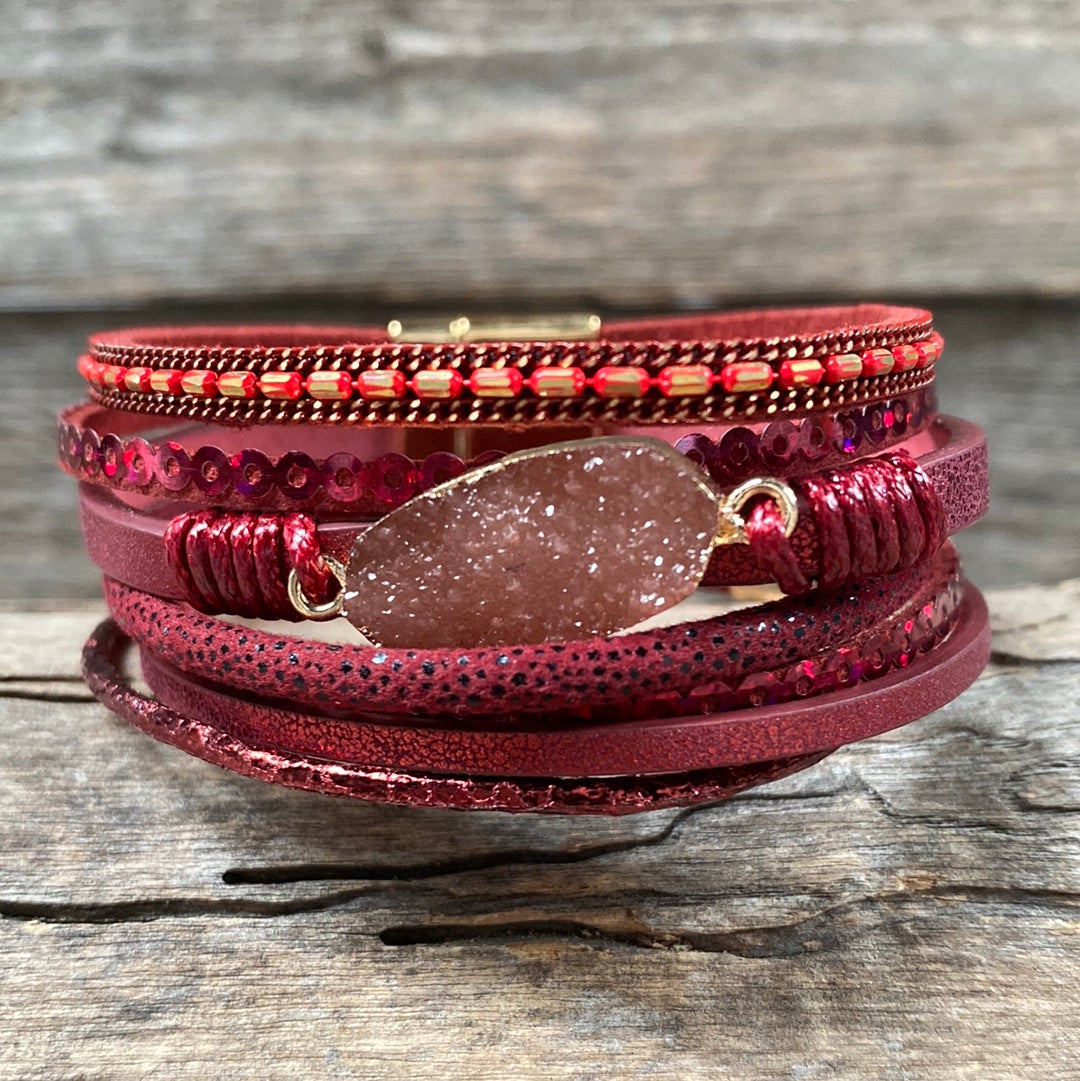Red Stone and Leather Fashion Bracelet XI135