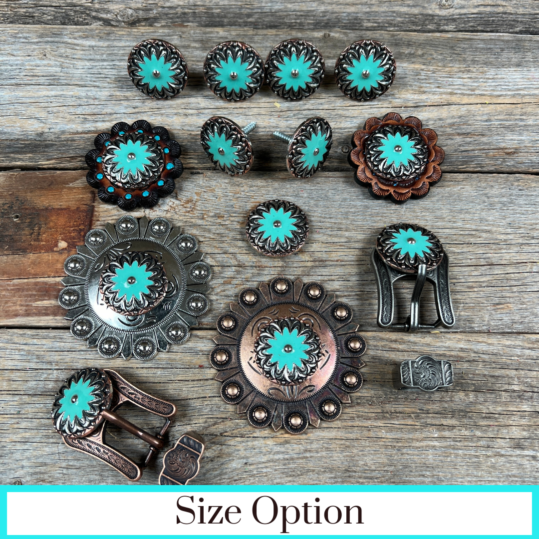 Copper & Antique Silver Turquoise Flower Western Concho W122