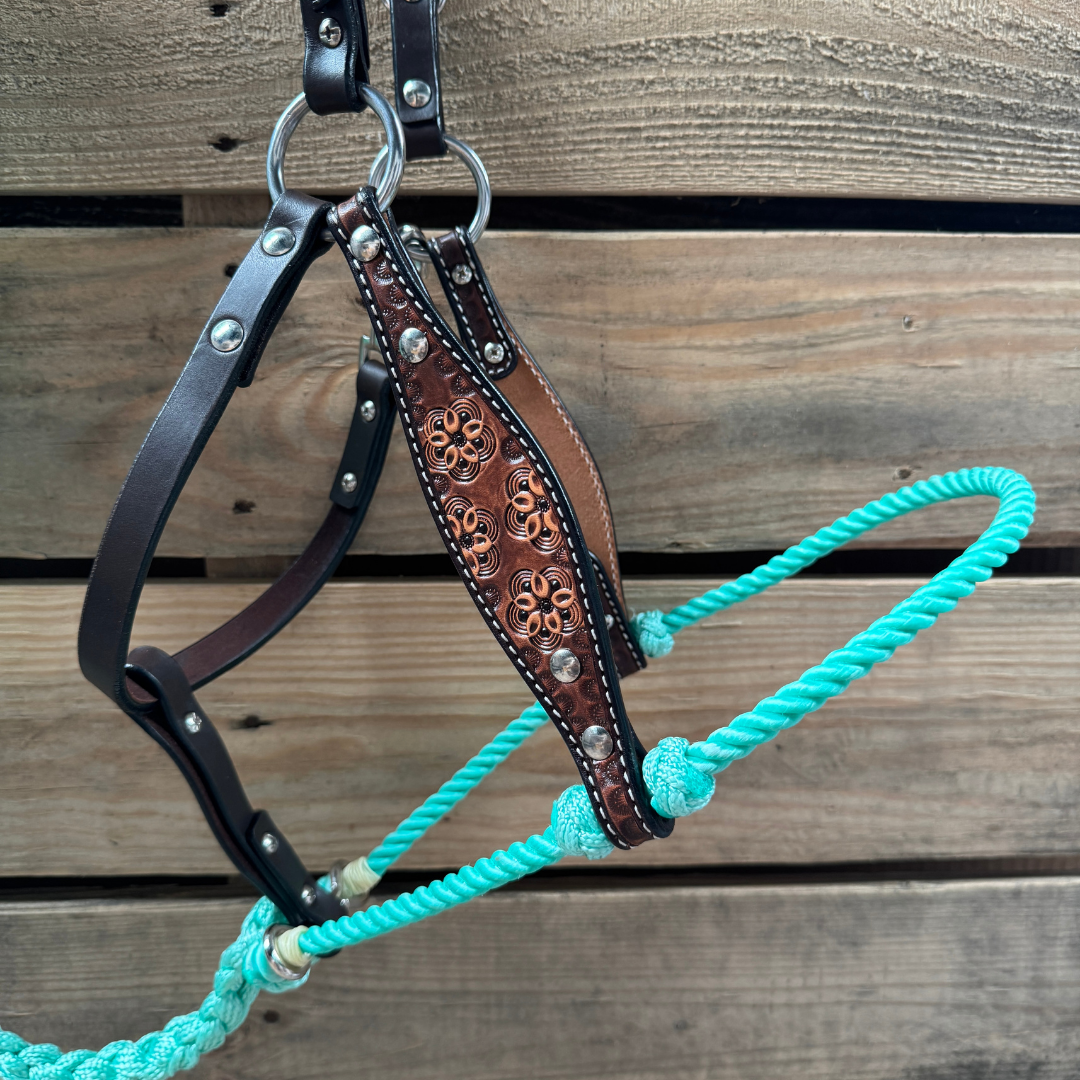 Seafoam Flower Power Tooled Lariat & Leather Combo Halter