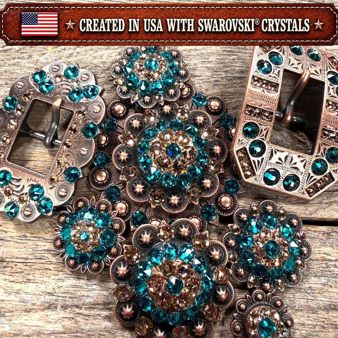 Copper Teal - Champagne Crystal Conchos | Sizes 1"- 3" | Buckles | Saddle Set | Leather Rosettes | Slide