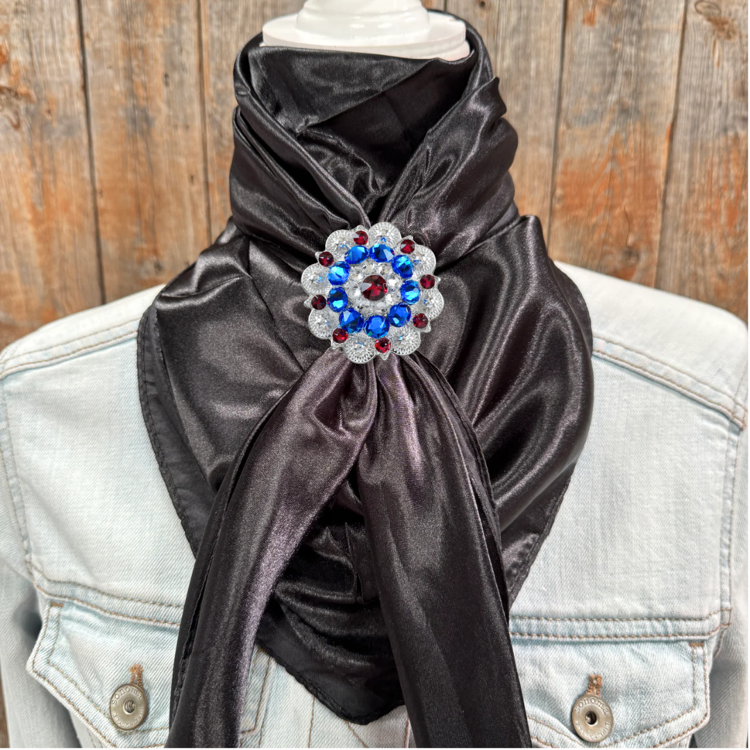 35X35" Solid Black Wild Rag / Scarf WRS4 - Crystal Concho Wild Rag Slides - Assorted