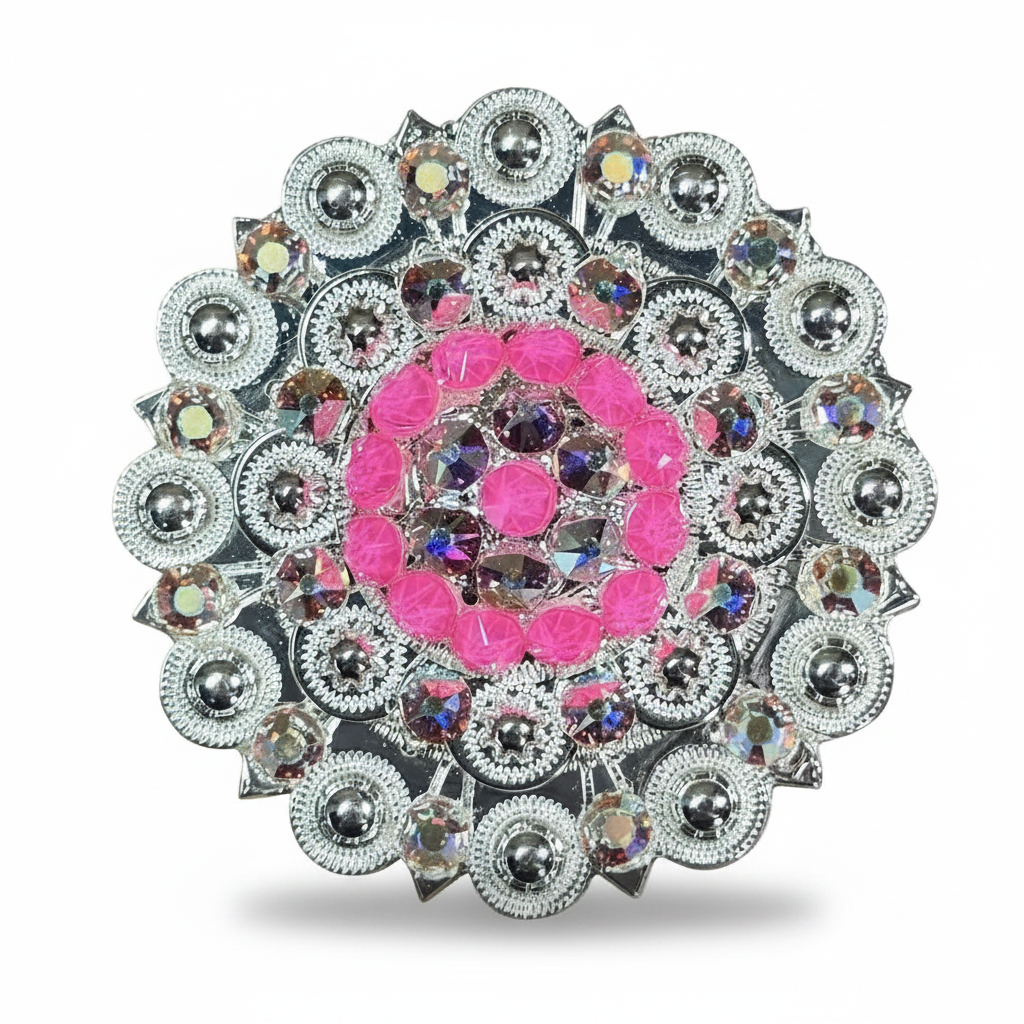 Bright Silver Neon Pink - AB Crystal Conchos | Sizes 1"- 3" | Buckles | Saddle Set