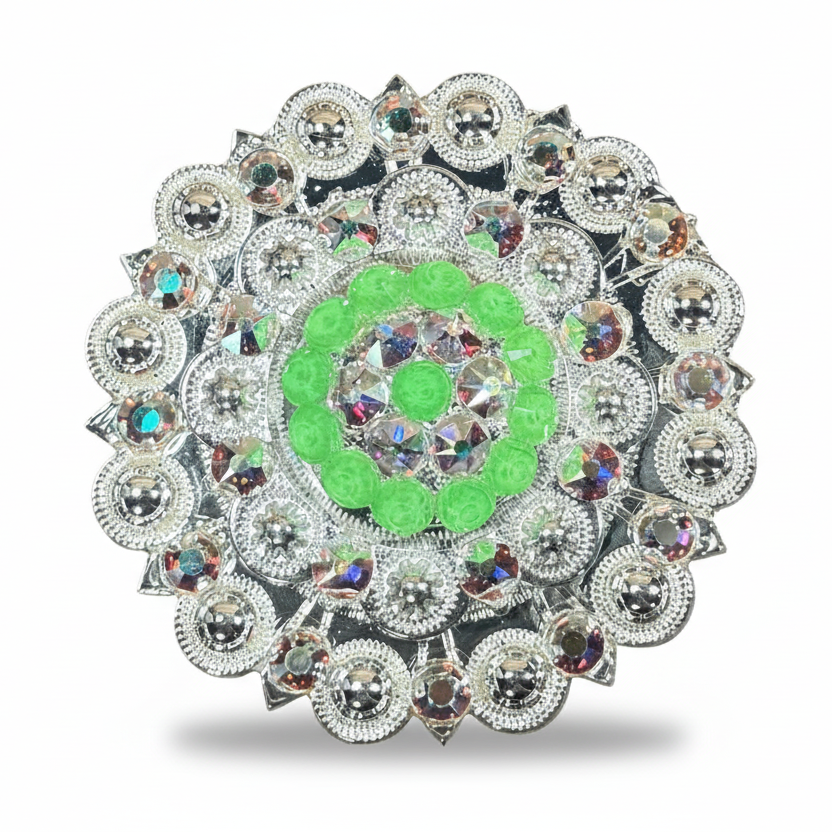 Bright Silver Neon Green - AB Crystal Conchos | Sizes 1"- 3" | Buckles | Saddle Set