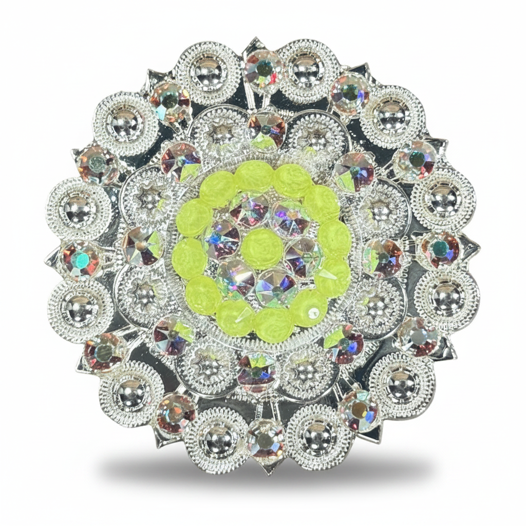 Bright Silver Neon Yellow - AB Crystal Conchos | Sizes 1"- 3" | Buckles | Saddle Set