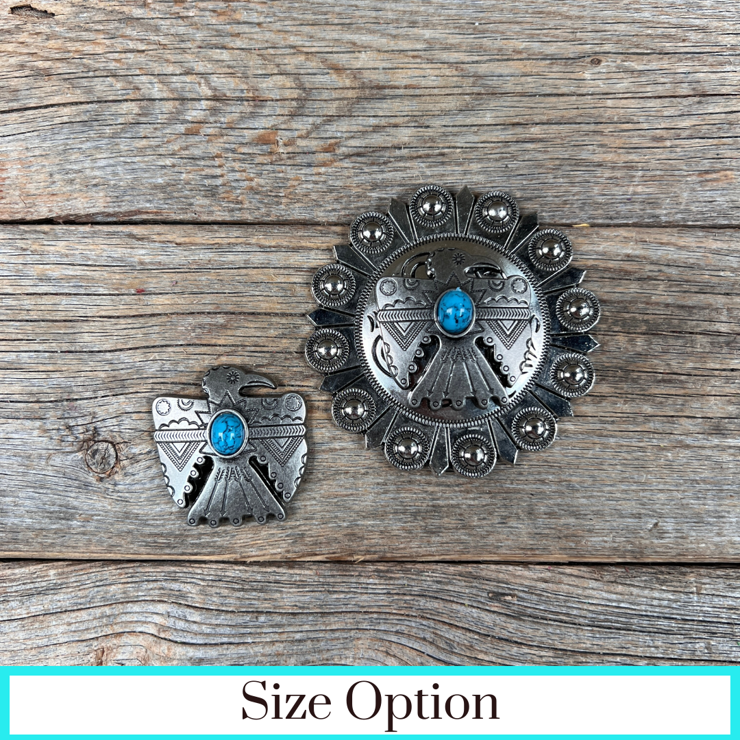 Antique Silver Turquoise Thunderbird Concho W181